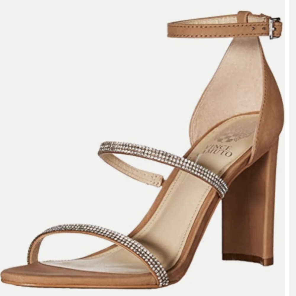 Vince Camuto Beige Suede Rhinestone Strap Heels